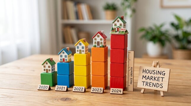 Dartboard bullseye with growth chart and miniature houses, symbolizing precision, investment success, and rising property values through strategic planning, measurable progress, and achievement in rea