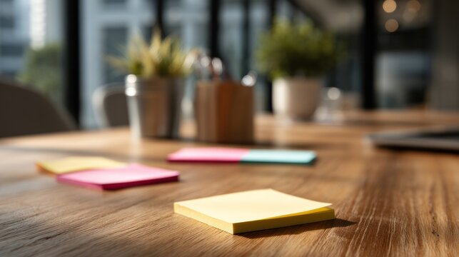 Desk Organization: Sticky notes are scattered on a wooden desk, alongside potted plants and a laptop, suggesting an organized workspace for planning and ideas.