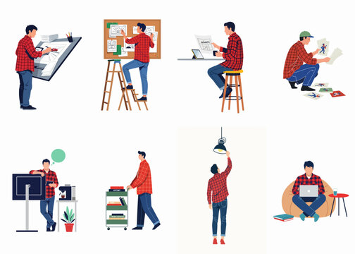 Set of illustrations depicting a male artist and animator performing various tasks like storyboarding, sketching, and editing in a creative studio environment.