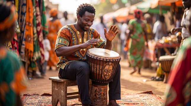African man playing djembe drum at street market. Celebratory music performance for Africa Day. Cultural heritage, rhythmic percussion, traditional clothing and festive atmosphere