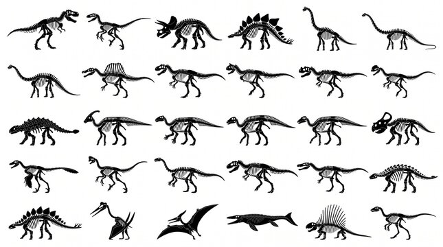 Collection of dinosaur skeleton silhouettes including triceratops stegosaurus and tyrannosaurus rex isolated on white for paleontology design