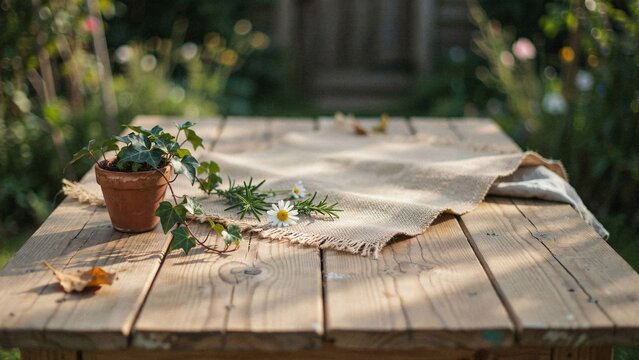 Rustic wooden table with potted ivy, herbs, and daisy in a sunlit garden