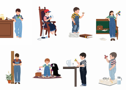 Diverse set of vector illustrations of children in denim overalls playing with fidget spinners in various indoor and formal settings.