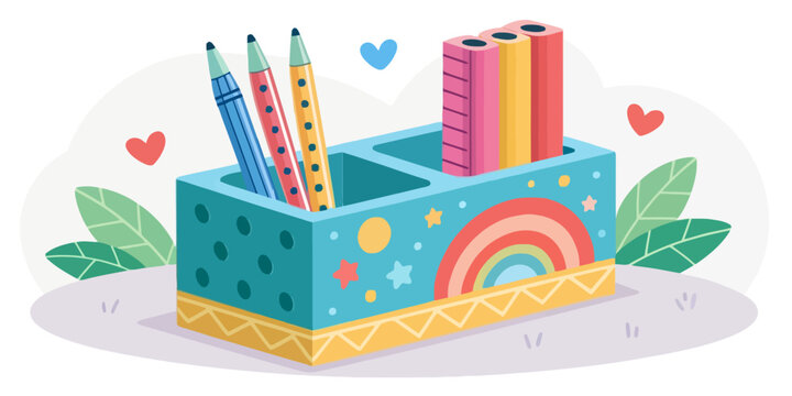 Colorful desk organizer with rainbow pattern holding pencils and pens organizer stationary supplies education colorful container workplace workspace creative accessory illustration