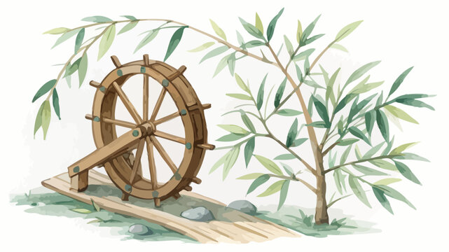 Watercolor painting of rustic wooden water wheel by a lush bamboo plant with waterwheel landscape watercolor illustration countryside traditional mechanism painting botanical agriculture