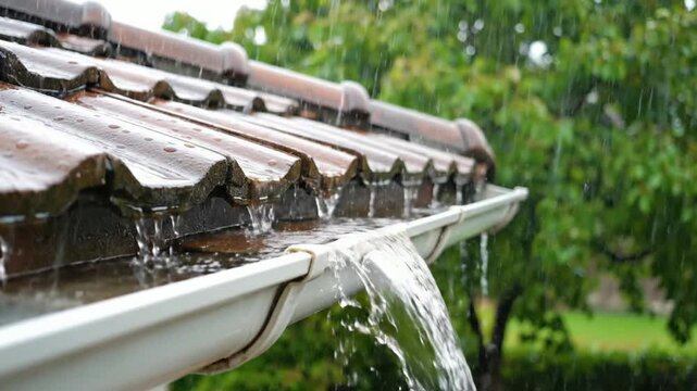 Heavy rain pouring from roof gutter downspout during stormy weather downpour