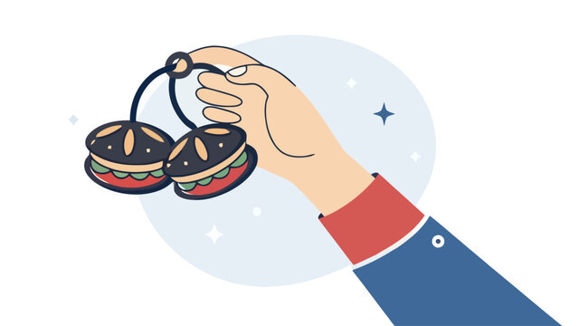 Cartoon hand holding two small dark burgers on a ring with illustration cheeseburger culinary appetizer snacking fastfood minimalist bitesize catering