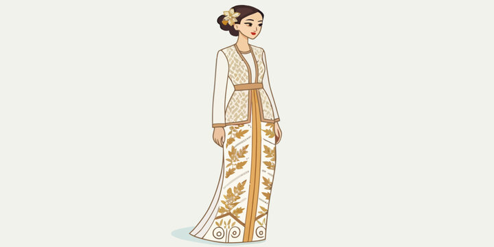 Indonesian woman wearing traditional kebaya dress illustration with indonesian traditional clothing heritage southeast national celebration handcraft illustration standing minimalist
