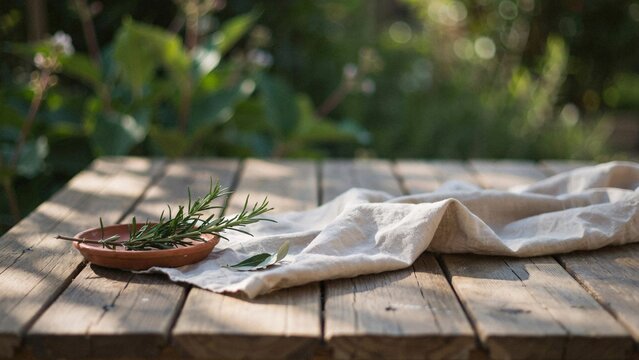 Rustic wooden table with rosemary sprig and linen napkin in garden setting keywords: wooden