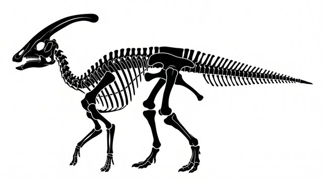 Detailed skeletal illustration of a Parasaurolophus dinosaur, showcasing its distinct crest and bipedal stance, rendered in black and white for clarity and scientific study