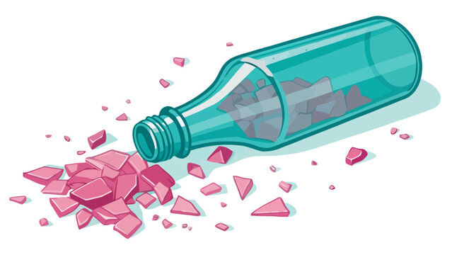 Broken glass bottle with sharp pink shards scattered on white background shattered discarded destruction hazardous fragment accident scattered isolated background illustration creative