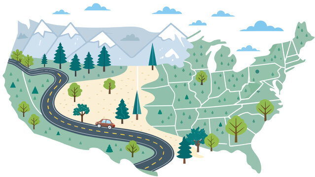 Map of the united states with a road winding through mountainous regions mountains transportation landscape vacation adventure geography national exploration illustration destination