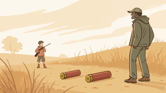 Father teaching young son how to hunt in rural landscape with shotgun ammunition guidance teaching countryside education responsibility tradition recreation learning wilderness