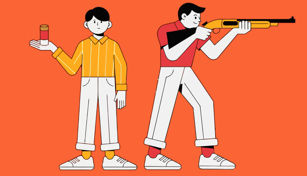 Graphic illustration of a boy holding a shotgun shell while man aims a firearm with illustration ammunition shooting training instruction background recreation practice preparedness lifestyle