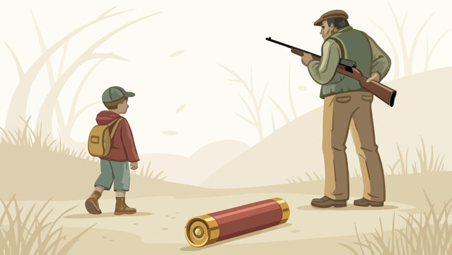 Adult man mentoring a young boy on hunting techniques in open field with guidance instruction ammunition teaching wilderness recreation learning responsibility tradition countryside training