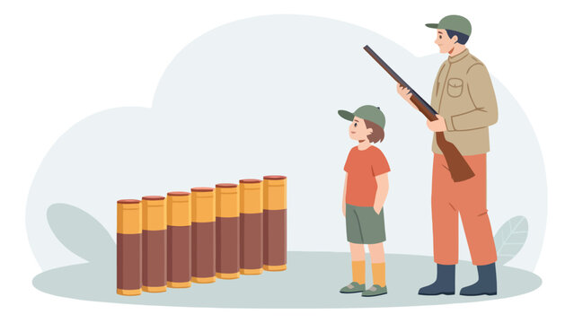 Father teaching son about shotgun ammunition and hunting safety with ammunition teaching education training outdoors recreation fatherhood parenting guidance shooting knowledge equipment