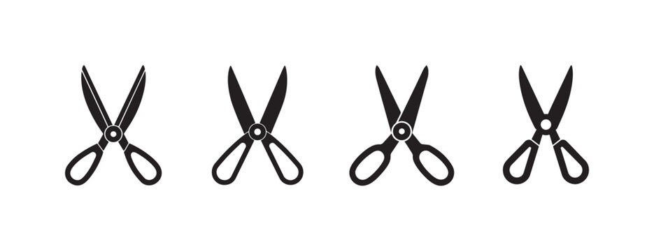  pairs of scissors in different positions on white background for cutting and crafting purposes