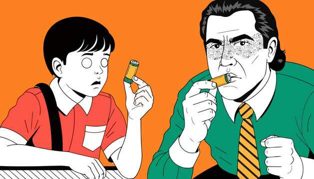 Comic book style illustration of a boy with a shell and an adult man looking at ammunition illustration ammunition shooting background portrait expression curiosity instruction recreation