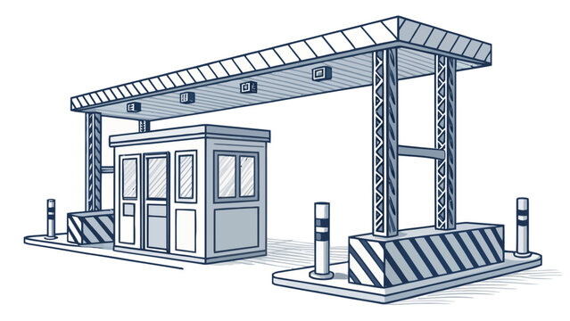 Illustration of a modern security checkpoint booth at entrance gate with security checkpoint entrance illustration architecture building structure perimeter facility protection commercial