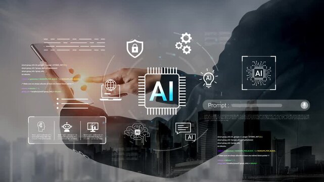 Businessman using tablet with AI graphics, technology interface, and city skyline in background for futuristic digital innovation concepts Gluon.