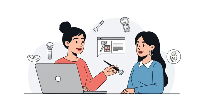 Online Makeup Consultation: Artist Teaching Client with Laptop and Beauty Products