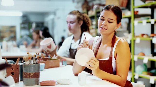 Interested young woman in pinafore drawing on handmade clay jar with paintbrush in art studio