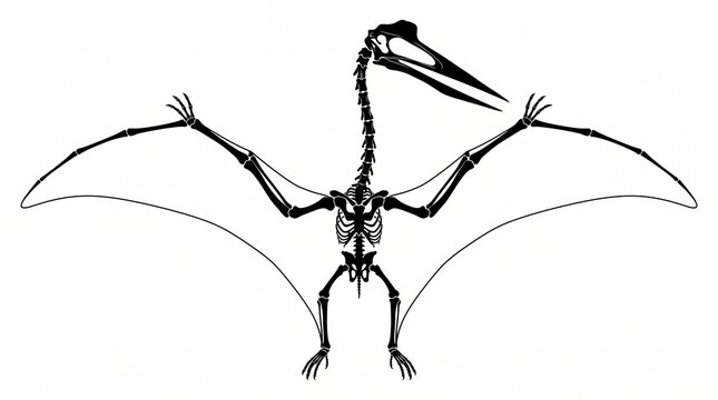 Vector illustration of a Pteranodon dinosaur skeleton silhouette with outstretched wings isolated on a white background for paleontology themes