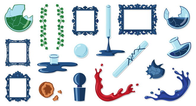 A playful assortment of cartoonish alchemical items including broken flasks, spilled liquids, leafy vines, and ornate frames are scattered across a bright white background.