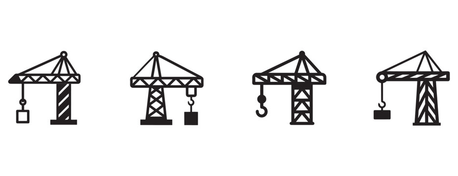 construction crane icons in black color on white background for industry and building concept