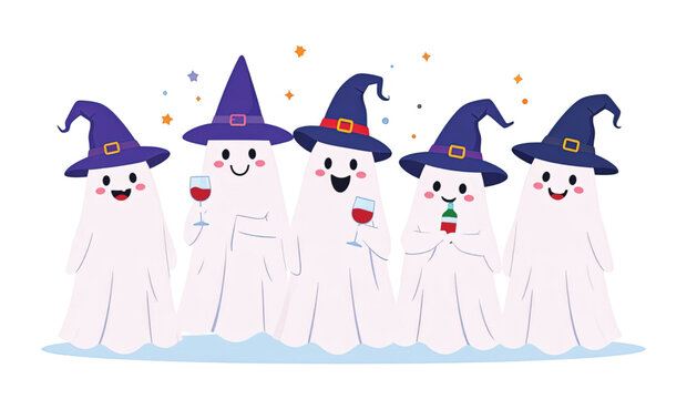 Group of smiling ghosts wearing hats.