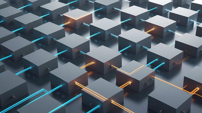 Abstract isometric cloud server data network infrastructure with blue and orange light connections
