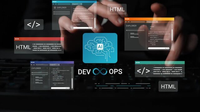 AI-Driven DevOps Workflow with Coding Windows, Programming Languages and Code Editor Interfaces on a Keyboard Background Gluon.