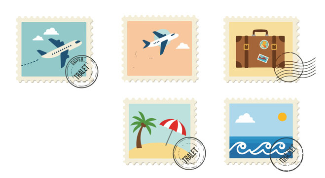 Vintage travel postage stamps set, retro vacation mail stickers with airplane and suitcase, summer holiday postmark vector collection
