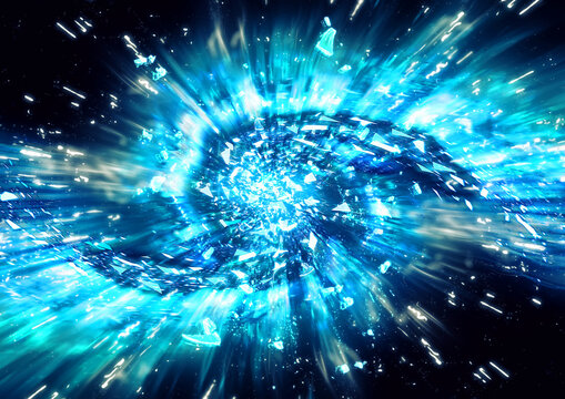 青い光が炸裂する未来的なエネルギー爆発背景｜デジタルテクノロジーと宇宙空間の抽象イメージ