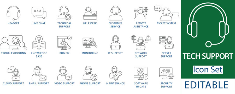 tech support icon set: professional customer service help desk and live chat, it technical support ticket system, remote assistance, and network server troubleshooting line icons