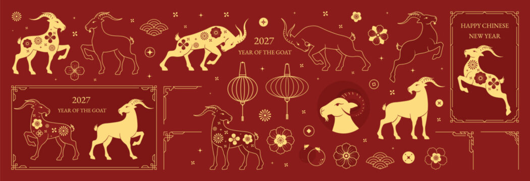 Chinese New Year 2027 goat vector elements set. Gold zodiac rams, lanterns, ornaments, frames, clouds and festive symbols on red background.