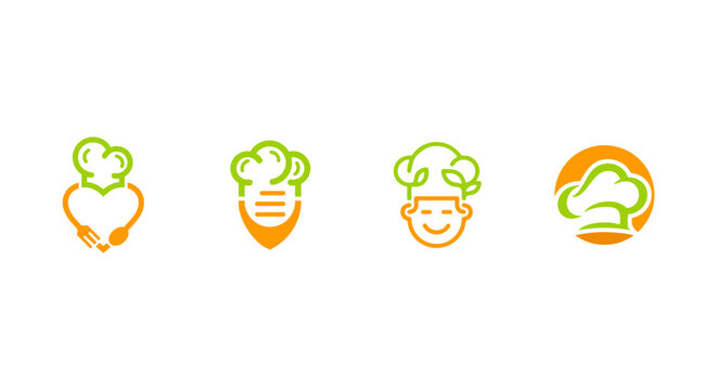Set of creative chef hat logo designs, culinary icons with heart, fork, spoon, and leaf elements for restaurant branding