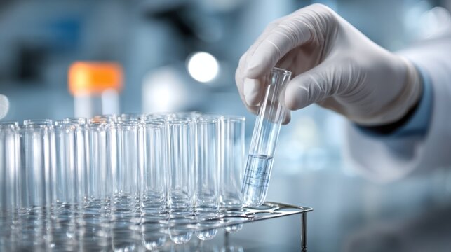Scientist's Precise Hand: A gloved hand carefully places a test tube filled with clear liquid into a rack, amidst a row of similar tubes, highlighting the meticulous nature of laboratory work.