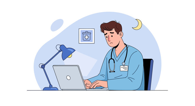 Tired Doctor Working Late on Laptop, Representing Medical Burnout and Long Hospital Shifts