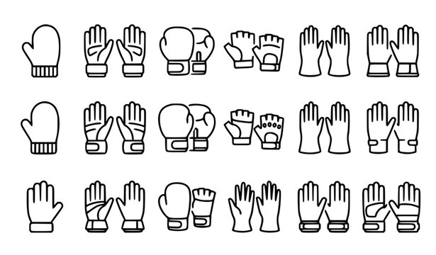 Black and white glove icon set mittens boxing and fingerless gloves line art vector collection