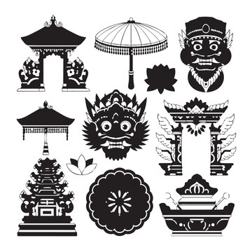 Set of balinese cultural icons and traditional architecture silhouettes with umbrella, tradition