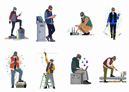 Collection of illustrations depicting a masked criminal involved in cybercrime, industrial sabotage, data theft, and various physical security breaches.