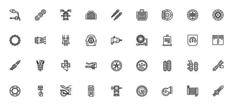 Motorcycle parts icon set. Minimalist vector icons pack. Featuring motorcycle, engine, wheels, handlebars, exhaust, brakes, and more. Editable vector stroke.