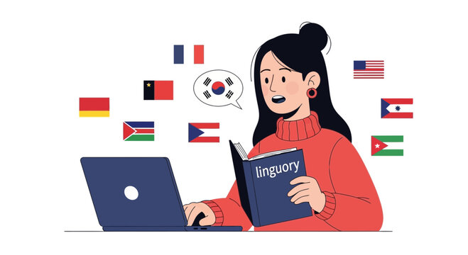 Woman learning languages online with laptop and dictionary, surrounded by international flags