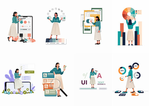 Set of illustrations featuring a female designer working on inclusive and accessible UI design, focusing on color palettes, readability, and user experience.