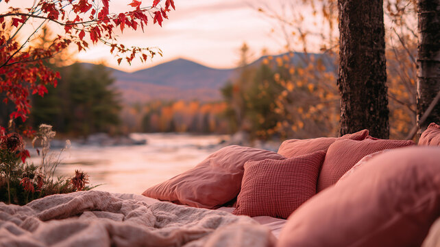 A romantic autumn scene with pink pillows and a cozy blanket in the foreground. Ai generated