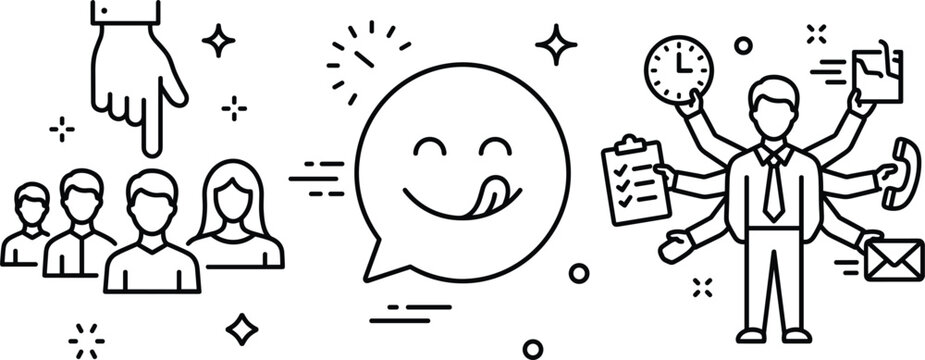 Human resources recruitment candidate selection line icon set with delicious feedback emoji speech bubble and multitasking business manager