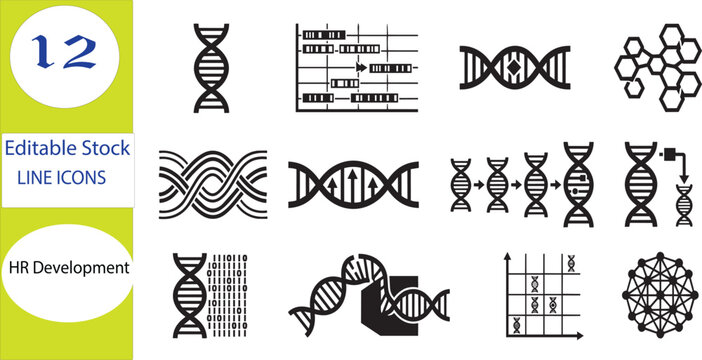 Human Capital Genome System Icons Set, Talent Development DNA Vector Collection, Workforce Evolution and Organizational Intelligence Line Icons
