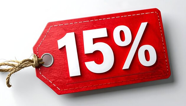 Red discount tag with fifteen percent off.