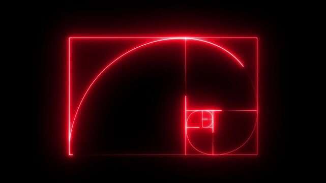 Glowing red neon golden ratio spiral animation on black background, fibonacci sequence sacred geometry